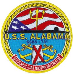 SSBN-731 USS Alabama 
Namesake. State of Alabama
Ordered. 27 Feb 1978
Builder.	General Dynamics Electric Boat, Groton, Connecticut
Laid down. 14 Oct 1980
Launched. 19 May 1984
Commissioned. 25 May 1985
Homeport. Bangor, WA
Motto. Audemus Jura Nostra Defendere ("We dare defend our rights")
Status. in active service
Class and type. Ohio-class ballistic missile submarine
Displacement:	
16,764 long tons (17,033 t) surfaced
18,750 long tons (19,050 t) submerged
Length. 560 ft (170 m)
Beam. 42 ft (13 m)
Draft. 38 ft (12 m)
Propulsion:	
1 × S8G PWR nuclear reactor[1] (HEU 93.5%)
2 × geared turbines[1]
1 × 325 hp (242 kW) auxiliary motor
1 × shaft @ 60,000 shp (45,000 kW)
Speed. Greater than 25 knots (46 km/h; 29 mph)
Test depth. Greater than 800 feet (240 m)
Complement. 15 officers, 140 enlisted
Armament:	
MK-48 torpedoes
20 × Trident II D-5 ballistic missiles

