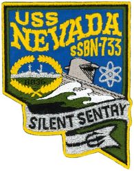 SSBN-733 USS Nevada
Namesake. The U.S. state of Nevada
Ordered. 7 Jan 1981
Builder.	General Dynamics Electric Boat, Groton, Connecticut
Laid down. 8 Aug 1983
Launched. 14 Sep 1985
Commissioned. 16 Aug 1986
Homeport. Bangor, Washington
Motto. Silent Sentry
Honors and awards:	
Both Crews: Battle Efficiency Award (Battle "E") 2005
Blue Crew: Battle "E" 2006
Gold Crew Engineering "E", Supply "S", Tactical "T", Medical "M", Deck "D", 2006 and 2007
Both Crews: Omaha Trophy 2018
Status. in active service
Class and type. Ohio-class ballistic missile submarine
Displacement:	
16,764 long tons (17,033 t) surfaced
18,750 long tons (19,050 t) submerged
Length. 560 ft (170 m)
Beam. 42 ft (13 m)
Draft. 38 ft (12 m)
Propulsion:	
1 × S8G PWR nuclear reactor[1] (HEU 93.5%)
2 × geared turbines
1 × 325 hp (242 kW) auxiliary motor
1 × shaft @ 60,000 shp (45,000 kW)
Speed. Greater than 25 knots (46 km/h; 29 mph)
Test depth. Greater than 800 feet (240 m)
Complement, 15 officers, 140 enlisted
Armament:	
MK-48 torpedoes
20 × Trident II D-5 ballistic missiles

