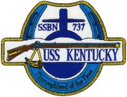SSBN-737 USS Kentucky 
Namesake. U.S. State of Kentucky
Ordered. 13 Aug 1985
Builder.	General Dynamics Electric Boat, Groton, Connecticut
Laid down. 18 Dec 1987
Launched. 11 Aug 1990
Commissioned.	13 Jul 1991
Motto. Thoroughbred of the Fleet
Class and type. Ohio-class ballistic missile submarine
Displacement:
16,764 long tons (17,033 t) surfaced
18,750 long tons (19,050 t) submerged
Length.	560 ft (170 m)
Beam. 42 ft (13 m)
Draft. 38 ft (12 m)
Propulsion:	
1 × S8G PWR nuclear reactor[1] (HEU 93.5%)
2 × geared turbines
1 × 325 hp (242 kW) auxiliary motor
1 × shaft @ 60,000 shp (45,000 kW)
Speed. Greater than 25 knots (46 km/h; 29 mph)
Test depth. Greater than 800 feet (240 m)
Complement. 15 officers. 140 enlisted
Armament:
MK-48 torpedoes
20 × Trident II D-5 ballistic missiles

