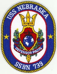 SSBN-739 USS Nebraska 
Namesake. The U.S. state of Nebraska
Ordered. 26 May 1987
Builder. General Dynamics Electric Boat, Groton, Connecticut
Laid down. 6 Jul 1987
Launched. 15 Aug 1992
Commissioned. 10 Jul 1993
Homeport. Bangor, WA
Motto. Defensor Pacis ("The Defender of Peace")
Status. in active service
Class and type. Ohio class ballistic missile submarine
Displacement:	
16,764 long tons (17,033 t) surfaced
18,750 long tons (19,050 t) submerged
Length. 560 ft (170 m)
Beam. 42 ft (13 m)
Draft. 38 ft (12 m)
Propulsion:	
1 × S8G PWR nuclear reactor (HEU 93.5%)
2 × geared turbines
1 × 325 hp (242 kW) auxiliary motor
1 × shaft @ 60,000 shp (45,000 kW)
Speed. Greater than 25 knots (46 km/h; 29 mph)
Test depth. Greater than 800 feet (240 m)
Complement. 15 officers, 140 enlisted
Armament:	
MK-48 torpedoes
20 × Trident II D-5 ballistic missiles

 
