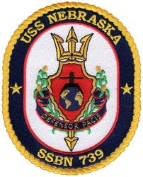 SSBN-739 USS Nebraska
Namesake. The U.S. state of Nebraska
Ordered. 26 May 1987
Builder. General Dynamics Electric Boat, Groton, Connecticut
Laid down. 6 Jul 1987
Launched. 15 Aug 1992
Commissioned. 10 Jul 1993
Homeport. Bangor, WA
Motto. Defensor Pacis ("The Defender of Peace")
Status. in active service
Class and type. Ohio class ballistic missile submarine
Displacement:	
16,764 long tons (17,033 t) surfaced
18,750 long tons (19,050 t) submerged
Length. 560 ft (170 m)
Beam. 42 ft (13 m)
Draft. 38 ft (12 m)
Propulsion:	
1 × S8G PWR nuclear reactor (HEU 93.5%)
2 × geared turbines
1 × 325 hp (242 kW) auxiliary motor
1 × shaft @ 60,000 shp (45,000 kW)
Speed. Greater than 25 knots (46 km/h; 29 mph)
Test depth. Greater than 800 feet (240 m)
Complement. 15 officers, 140 enlisted
Armament:	
MK-48 torpedoes
20 × Trident II D-5 ballistic missiles

