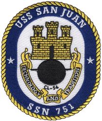 SSN-751 USS San Juan
Namesake. The City of San Juan, PR
Awarded. 30 Nov 1982
Builder. General Dynamics Electric Boat
Laid down. 9 Aug 1985
Launched. 6 Dec 1986
Commissioned. 6 Aug 1988
Motto. Technology and Tradition
Class and type. Los Angeles-class submarine
Displacement:
5,790 long tons (5,883 t) light
6,197 long tons (6,296 t) full
407 long tons (414 t) dead
Length. 110.3 m (361 ft 11 in)
Beam. 10 m (32 ft 10 in)
Draft. 9.4 m (30 ft 10 in)
Installed power. nuclear
Propulsion:
1 × S6G PWR nuclear reactor with D2W core (165 MW), HEU 93.5%
2 × steam turbines (33,500) shp
1 × shaft
1 × secondary propulsion motor 325 hp (242 kW)
Speed. Classified
Complement. 12 officers, 98 men
Sensors and processing systems. BSY-1 sonar suite combat system
Armament:
4 × 21 in (533 mm) torpedo tubes
12 × vertical launch Tomahawk missiles
