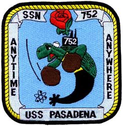 SSN-752 USS Pasadena
Namesake. City of Pasadena, CA
Awarded. 30 Nov 1982
Builder. General Dynamics Electric Boat
Laid down. 20 Dec 1985
Launched. 12 Sep 1987
Commissioned. 11 Feb 1989
Homeport, Naval Station Norfolk, VA.
Motto. "Anytime Anywhere"
Status. in active service
Class and type. Los Angeles-class attack submarine
Displacement:	
5,700 long tons (5,791 t) light
6,072 long tons (6,169 t) full
1,372 long tons (1,394 t) dead
Length. 110.3 m (361 ft 11 in)
Beam. 10 m (32 ft 10 in)
Draft. 9.4 m (30 ft 10 in)
Propulsion:	
1 × S6G PWR nuclear reactor with D2W core (165 MW), HEU 93.5%
2 × steam turbines (33,500) shp
1 × shaft
1 × secondary propulsion motor 325 hp (242 kW)
Speed:	
25 knots (46 km/h) surfaced
30 knots (56 km/h) submerged (actual top speed classified)
Test depth. 290 m (950 ft)
Complement. 13 officers; 121 enlisted
Armament:	
4 × 21 in (533 mm) bow tubes
Mark 48 torpedo
Harpoon missile
Tomahawk cruise missile

