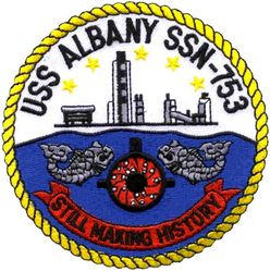 SSN-753 USS Albany 
Namesake. The City of Albany, NY
Awarded. 29 Nov 1983
Builder. Newport News Shipbuilding and Drydock Company
Laid down. 22 Apr 1985
Launched. 13 Jun 1987
Commissioned. 7 Apr 1990
Homeport. Norfolk, VA
Motto. Still Making History
Status. in active service
Class and type. Los Angeles-class attack submarine
Displacement:	
5,700 long tons (5,791 t) light
6,072 long tons (6,169 t) full
1,372 long tons (1,394 t) dead
Length. 110.3 m (361 ft 11 in)
Beam. 10 m (32 ft 10 in)
Draft. 9.4 m (30 ft 10 in)
Propulsion:	
1 × S6G PWR nuclear reactor with D2W core (165 MW), HEU 93.5%
2 × steam turbines (33,500) shp
1 × shaft
1 × secondary propulsion motor 325 hp (242 kW)
Speed:	
25 knots (46 km/h) surfaced
30 knots (56 km/h) submerged (actual top speed classified)
Test depth. 290 m (950 ft)
Complement. 13 officers; 121 enlisted
Armament:	
4 × 21 in (533 mm) bow tubes
Mark 48 torpedo
Harpoon missile
Tomahawk cruise missile

