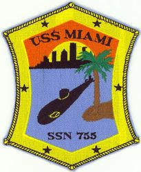 SSN-755 USS Miami 
Name. USS Miami (SSN-755)
Namesake. City of Miami
Awarded. 28 Nov 1983
Builder.	General Dynamics Electric Boat
Laid down. 24 Oct 1986
Launched. 12 Nov 1988
Commissioned. 30 Jun 1990
Decommissioned. 28 Mar 2014
Out of service. 8 Aug 2013
Stricken	. 28 Mar 2014
Homeport. Groton, CT
Motto. No Free Rides, Everybody Rows
Status. Stricken, to be disposed of by submarine recycling
Class and type. Los Angeles-class submarine
Displacement:
5,751 long tons (5,843 t) light
6,146 long tons (6,245 t) full
395 long tons (401 t) dead
Length. 110.3 m (361 ft 11 in)
Beam. 10 m (32 ft 10 in)
Draft. 9.4 m (30 ft 10 in)
Propulsion:	
1 × S6G PWR nuclear reactor with D2W core (165 MW), HEU 93.5%
2 × steam turbines (33,500) shp
1 × shaft
1 × secondary propulsion motor 325 hp (242 kW)
Complement. 12 officers, 98 men
Armament:	
4 × MK 67 torpedo tubes
12 × VLS missile tubes

