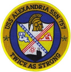 SSN-757 USS Alexandria
Namesake. Alexandria, Virginia, and Alexandria, Louisiana
Awarded. 26 Nov 1984
Builder. General Dynamics Electric Boat
Laid down. 19 Jun 1987
Launched. 23 Jun 1990
Acquired. 13 June 1991
Commissioned. 29 Jun 1991
Motto. Twice as Strong
Class and type. Los Angeles-class submarine
Displacement:
Surfaced: 6,082 tons
Submerged: 6,927.57 tons
Length. 	362 ft (110 m)
Beam. 33 ft (10 m)
Draft. 31 ft (9 m)
Propulsion	
1 × S6G PWR nuclear reactor with D2W core (165 MW), HEU 93.5%
2 × steam turbines (33,500) shp
1 × shaft
1 × secondary propulsion motor 325 hp (242 kW)
Speed:
Surfaced. 25 kn (46 km/h; 29 mph)+
Submerged. 25 kn (46 km/h; 29 mph)+ (official)
33 kn (61 km/h; 38 mph)+ (reported)
Range. Refueling required after 30 years
Test depth. Greater than 757 ft (231 m)
Complement. 16 officers, 127 enlisted according to https://www.csp.navy.mil/alexandria/About/
Sensors and processing systems. BQQ-10 passive sonar, BQS-15 detecting and ranging sonar, WLR-8 fire control radar receiver, WLR-9 acoustic receiver for detection of active search sonar and acoustic homing torpedoes, BRD-7 radio direction finder
Electronic warfare & decoys. WLR-10 countermeasures set
Armament. 4 21 in (533 mm) bow tubes, 10 Mk48 ADCAP torpedo reloads, Tomahawk land attack missile block 3 SLCM range 1,700 nmi (3,148 km; 1,956 mi), Harpoon anti–surface ship missile range 70 nmi (130 km; 81 mi), mine laying Mk67 mobile mine & Mk60 captor mines

