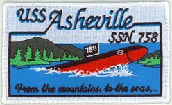SSN-758 USS Asheville
Namesake. Asheville, NC
Awarded. 26 Nov 1984
Builder. Newport News Shipbuilding and Dry Dock Company
Laid down. 9 Jan 1987
Launched. 24 Feb 1990
Christened. 28 Oct 1989
Commissioned.	28 Sep 1991
Motto. From The Mountains, To The Seas
Nickname. The Ghost of the Coast
Class and type. Los Angeles-class submarine
Displacement. 6000 tons light, 6927 tons full, 927 tons dead
Length. 362 ft (110 m)
Beam. 33 ft (10 m)
Draft. 31 ft (9.4 m)
Propulsion:	
1 × S6G PWR nuclear reactor with D2W core (165 MW), HEU 93.5%
2 × steam turbines (33,500) shp
1 × shaft
1 × secondary propulsion motor 325 hp (242 kW)
Speed:
Surfaced. 20 knots (23 mph; 37 km/h) 
Submerged. +20 knots (23 mph; 37 km/h) (official)
Complement. 20 officers, 110 enlisted
Sensors and processing systems. BQQ-5 passive sonar, BQS-15 detecting and ranging sonar, WLR-8 fire control radar receiver, WLR-9 acoustic receiver for detection of active search sonar and acoustic homing torpedoes, BRD-7 radio direction finder
Electronic warfare & decoys. WLR-10 countermeasures set
Armament. 4 × 21 in (533 mm) bow tubes, 10 Mk48 ADCAP torpedo reloads, Tomahawk land attack missile block 3 SLCM range 1,700 nautical miles (3,100 km), Harpoon anti–surface ship missile range 70 nautical miles (130 km), mine laying Mk67 mobile Mk60 captor mines

