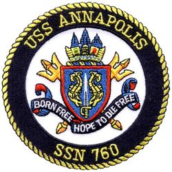 SSN-760 USS Annapolis
Namesake. Annapolis, Maryland
Awarded. 21 Mar 1986
Builder. General Dynamics Electric Boat
Laid down. 15 Jun 1988
Launched. 18 May 1991
Sponsored by. Mrs. Myra F. Kauderer
Commissioned. 11 Apr 1992
Homeport. San Diego, California
Motto. Born Free, Hope to Die Free
Class and type. Los Angeles-class submarine
Displacement:
6,000 long tons (6,096 t) light (surfaced)
6,927 long tons (7,038 t) full (dived)
927 long tons (942 t) dead
Length. 110.34 m (362 ft 0 in)
Beam. 10.06 m (33 ft 0 in)
Draft. 9.75 m (32 ft 0 in)
Depth. 122 m (400 ft)
Propulsion:
1 × S6G PWR nuclear reactor with D2W core (165 MW), HEU 93.5%
2 × steam turbines (33,500) shp
1 × shaft
1 × secondary propulsion motor 325 hp (242 kW)
Speed. 25 knots (46 km/h; 29 mph)+
Complement. 12 officers, 115 men
Sensors and processing systems. BQQ-10 Sonar; BPS-15 Surface Search Radar;
Armament:
4 × 21 in (533 mm) torpedo tubes
12 × Vertical Launch Tomahawk tubes
Mark 48 ADCAP torpedoes
Tomahawk missiles
CAPTOR mine
