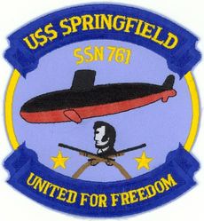 SSN-761 USS Springfield
Name. USS Springfield (SSN-761)
Namesake. The Cities of Springfield, Illinois and Springfield, Massachusetts
Awarded. 21 Mar 1986
Builder.	General Dynamics Electric Boat
Laid down. 29 Jan 1990
Launched. 4 Jan 1992
Commissioned. 9 Jan 1993
Motto. United for Freedom
Class and type. Los Angeles-class submarine
Displacement:	
6,000 long tons (6,096 t) light
6,927 long tons (7,038 t) full
927 long tons (942 t) dead
Length. 110.3 m (361 ft 11 in)
Beam. 10 m (32 ft 10 in)
Draft. 9.4 m (30 ft 10 in)
Propulsion:	
1 × S6G PWR nuclear reactor with D2W core (165 MW), HEU 93.5%[1][2]
2 × steam turbines (33,500) shp
1 × shaft
1 × secondary propulsion motor 325 hp (242 kW)
Speed:
Surfaced. 20 knots (23 mph; 37 km/h)
Submerged: +20 knots (23 mph; 37 km/h) (official)
Complement. 12 officers, 98 men
Armament.	
4 × 21 in (533 mm) bow tubes
10 × Mk48 ADCAP torpedo reloads
Tomahawk land attack missile block 3 SLCM range 1,700 nautical miles (3,100 km)
Harpoon anti–surface ship missile range 70 nautical miles (130 km)
mine laying Mk67 mobile Mk60 captor mines

