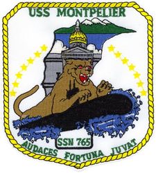 SSN-765 USS Montpelier 
Namesake. The City of Montpelier, Vermont
Awarded. 6 Feb 1987
Builder. Newport News Shipbuilding and Drydock Company
Laid down. 19 May 1989
Launched. 23 Aug 1991
Commissioned. 13 Mar 1993
Motto. Audaces Fortuna Juvat ("Fortune Favors the Bold")
Nickname. Mighty Monty
Class and type. Los Angeles-class submarine
Displacement:
6,000 long tons (6,096 t) light
6,927 long tons (7,038 t) full
927 long tons (942 t) dead
Length. 110.3 m (361 ft 11 in)
Beam. 10 m (32 ft 10 in)
Draft. 9.4 m (30 ft 10 in)
Propulsion:	
1 × S6G PWR nuclear reactor with D2W core (165 MW), HEU 93.5%[1][2]
2 × steam turbines (33,500) shp
1 × shaft
1 × secondary propulsion motor 325 hp (242 kW)
Complement. 12 officers, 98 men
Armament. 4 × 21 in (533 mm) torpedo tubes 12 × vertical launch Tomahawk missiles

