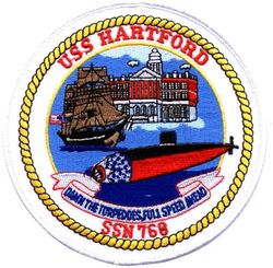 SSN-768 USS Hartford
Namesake. The City of Hartford, CT
Awarded. 30 Jun 1988
Builder. General Dynamics Electric Boat
Laid down. 22 Feb 1992
Launched. 4 Dec 1993
Sponsored by. Mrs. Laura O'Keefe, wife of former Secretary of the Navy Sean O'Keefe
Commissioned. 10 Dec 1994
Homeport. New London, Connecticut
Motto. "Damn the torpedoes, full speed ahead"
Class and type. Los Angeles-class submarine
Displacement:
6,000 long tons (6,096 t) light
6,927 long tons (7,038 t) full
6,927 long tons (7,038 t) dead
Length. 110.3 m (361 ft 11 in)
Beam. 10 m (32 ft 10 in)
Draft. 9.4 m (30 ft 10 in)
Propulsion:
1 × S6G PWR nuclear reactor with D2W core (165 MW), HEU 93.5%[1][2]
2 × steam turbines (33,500) shp
1 × shaft
1 × secondary propulsion motor 325 hp (242 kW)
Complement. 12 officers, 98 men
Armament:
4 × 21 in (533 mm) torpedo tubes 12 × vertical launch Tomahawk missiles
