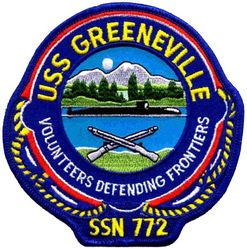 SSN-772 USS Greeneville 
Namesake. Town of Greeneville, TN
Ordered. 14 Dec 1988
Builder. Newport News Shipbuilding
Laid down. 28 Feb 1992
Launched. 17 Sep 1994
Commissioned. 16 Feb 1996
Homeport. Pearl Harbor, HI
Motto. Volunteers Defending Frontiers
Status. in active service
Class and type. Los Angeles-class attack submarine
Displacement:	
6,000 long tons (6,096 t) light
6,927 long tons (7,038 t) full
927 long tons (942 t) dead
Length. 362 ft (110 m)
Beam. 33 ft (10 m)
Draft. 31 ft (9.4 m)
Propulsion:	
1 × S6G PWR nuclear reactor with D2W core (165 MW), HEU 93.5%[1][2]
2 × steam turbines (33,500) shp
1 × shaft
1 × secondary propulsion motor 325 hp (242 kW)
Complement. 12 officers, 98 men
Armament:	
4 × 21 in (533 mm) torpedo tubes
12 × vertical launch Tomahawk missiles

