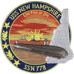 SSN-778 USS New Hampshire 
Namesake. The State of New Hampshire
Ordered. 14 Aug 2003
Builder. General Dynamics Electric Boat
Laid down. 30 Apr 2007
Launched. 21 Feb 2008
Christened. 21 Jun 2008
Commissioned. 25 Oct 2008
Homeport. Norfolk, VA
Motto	"Live Free or Die"
Status. in active service
Class and type. Virginia-class fast-attack submarine
Displacement. 7800 tons submerged
Length, 377 feet (115 meters)
Beam. 34 feet (10 meters)
Propulsion:	
1 × S9G PWR nuclear reactor 280,000 shp (210 MW), HEU 93%
2 × steam turbines 40,000 shp (30 MW)
1 × single shaft pump-jet propulsor
1 × secondary propulsion motor
Speed. 25+ knots (28+ mph, 46+ km/h)
Range. Essentially unlimited distance; 33 years
Test depth. greater than 800 feet (240 meters)
Complement. 134 officers and men
Armament: 12 × VLS (BGM-109 Tomahawk cruise missile) 4 × 533mm torpedo tubes (Mk-48 ADCAP torpedo)

