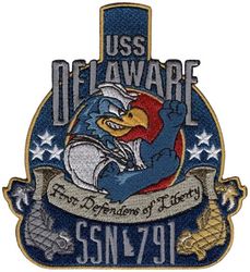 SSN-791 USS Delaware
Namesake. State of Delaware
Awarded. 22 Dec 2008
Builder. Newport News Shipbuilding
Laid down. 30 Apr 2016
Launched. 14 Dec 2018
Christened. 20 Oct 2018
Acquired. 25 Oct 2019
Commissioned. 4 Apr 2020
Homeport. Groton, CT
Status. Active Service
Class and type. Virginia-class fast-attack submarine
Displacement. 7800 tons light, 7800 tons full
Length. 114.9 m (377 ft)
Beam. 10.3 m (34 ft)
Propulsion:	
1 × S9G PWR nuclear reactor[6] 280,000 shp (210 MW), HEU 93%
2 × steam turbines 40,000 shp (30 MW)
1 × single shaft pump-jet propulsor
1 × secondary propulsion motor
Speed. 25 knots (46 km/h; 29 mph)
Range. Essentially unlimited distance; 33 years
Test depth. greater than 800 ft (240 m)
Complement. 134 officers and men
Armament. 12 VLS tubes, four 21 inch (530 mm) torpedo tubes for Mk-48 torpedoes 
BGM-109 Tomahawk

