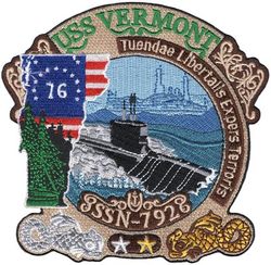 SSN-792 USS Vermont
Namesake. State of Vermont
Ordered. 28 Apr 2014
Builder. General Dynamics Electric Boat, Groton, Connecticut
Laid down. Feb 2017
Launched. 29 Mar 2019
Christened. 20 Oct 2018
Acquired. 17 Apr 2020
Commissioned. 18 Apr 2020
Homeport. Groton, CT
Status. In active service
Class and type. Virginia-class fast-attack submarine
Displacement. 7,800 tons
Length. 377 ft (115 m)
Beam. 34 ft (10.4 m)
Draft. 32 ft (9.8 m)
Propulsion:	
1 × S9G PWR nuclear reactor 280,000 shp (210 MW), HEU 93%
2 × steam turbines 40,000 shp (30 MW)
1 × single shaft pump-jet propulsor
1 × secondary propulsion motor
Speed. 25 knots (46 km/h)
Endurance. can remain submerged indefinitely dependent on food stores and maintenance requirements.
Test depth. greater than 800 ft (244 m)
Complement. 15 officers; 120 enlisted men and women
Armament. 12 VLS tubes, four 21 inch (530 mm) torpedo tubes for Mk-48 torpedoes BGM-109 Tomahawk

