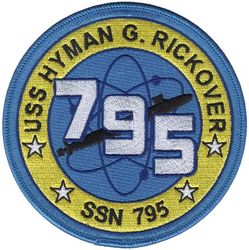 SSN-795 USS Hyman G Rickover 
Namesake. Admiral Hyman G. Rickover
Ordered. 28 Apr 2014
Builder. General Dynamics Electric Boat, Groton, CT
Laid down. 11 May 2018
Launched. 26 Aug 2021
Christened. 31 Jul 2021
Commissioned. 14 Oct 2023
Homeport. Groton, CT
Motto. Committed to Excellence
Status. in active service
Class and type. Virginia-class fast-attack submarine
Displacement. 7,800 tons
Length. 377 ft (115 m)
Beam. 34 ft (10.4 m)
Draft. 32 ft (9.8 m)
Propulsion. S9G reactor, auxiliary diesel engine
Speed. 25 knots (46 km/h)
Test depth. greater than 800 ft (244 m)
Complement. 134 officers and men
Armament:
12 VPT tubes for BGM-109 Tomahawk, four 21 inch (530 mm) torpedo tubes for Mk-48 torpedoes

