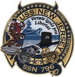 SSN-796 USS New Jersey 
Namesake. State of New Jersey
Ordered. 28 Apr 2014
Builder. Newport News Shipbuilding, Newport News, Virginia
Laid down. 25 Mar 2019
Launched. 14 Apr 2022
Christened. 13 Nov 2021
Motto. Virtute Ignis pro Libertas "Firepower for Freedom"
Status. Under construction
Class and type. Virginia-class fast-attack submarine
Displacement. 7,800 tons
Length. 377 ft (115 m)
Beam. 34 ft (10.4 m)
Draft. 32 ft (9.8 m)
Propulsion. S9G reactor auxiliary diesel engine
Speed. 25 knots (46 km/h)
Endurance. Can remain submerged for up to 3 months
Test depth. Greater than 800 ft (244 m)
Complement. 15 officers; 120 enlisted
Armament:	
12 x VLS tubes for BGM-109 Tomahawk
4 x 21-inch (533 mm) torpedo tubes for Mk-48 torpedoes

