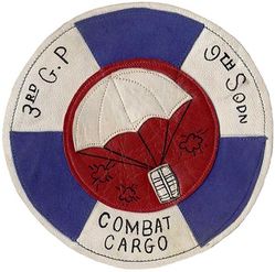 9th Combat Cargo Squadron 
Constituted as 9th Combat Cargo Squadron on 1 Jun 1944 and activated in India on 5 Jun 1944. Redesignated 330th Troop Carrier Squadron on 1 Oct 1945. Inactivated on 15 Apr 1946.

Insignia approved Indian made multi piece painted leather. 

Stations. Sylhet, India, 5 Jun 1944; Moran, India, 12 Jul 1944; Warazup, Burma, 27 Dec 1944; Myitkyina, Burma, 3 Jun 1945; Shanghai, China 7 Oct 1945-15 Apr 1946.


