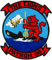 Patrol Squadron 90 (VP-90)
Established as Patrol Squadron NINETY (VP-90) “The Lions” on 1 Nov 1970. Disestablished on 30 Sep 1994.

Lockheed SP-2H Neptune, 1970-1974
Lockheed P-3A Orion, 1974-1984
Lockheed P-3B MOD Orion, 1984-1991

Insignia (3rd design) was approved by CNO on 2 May 1985. 


