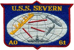 A0-61 USS SEVERN
Namesake. The Chesapeake Bay in Maryland and Virginia, The Severn River in MD
Builder. Bethlehem-Sparrows Point Shipyard, Sparrows Point, MD
Ordered. as T3-S2-A1 tanker hull, MC hull 727
Launched. 31 May 1944
Commissioned. 19 Jul 1944
Decommissioned. 3 Jul 1950
Recommissioned. 29 Dec 1950
Decommissioned. Jul 1974
Stricken. 1 Jul 1974
Homeport. Newport RI
Fate. Scrapped 22 Jan 1975
Class and type. Cimarron-class fleet oiler
Displacement. 7,236 t.(lt) 25,440 t.(fl)
Length. 553 ft (169 m)
Beam. 75 ft (23 m)
Draught	. 32 ft (9.8 m)
Propulsion. geared turbines, twin screws, 30,400hp
Speed. 18 kts
Capacity. 146,000 barrels
Complement. 314
Armament. one single 5 in (130 mm) dual purpose gun mount; four single 3 in (76 mm) dual purpose gun mounts; four twin 40 mm AA gun mounts; four twin 20 mm AA gun mounts

