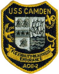 AOE-2 USS Camden 
Namesake. Camden, NJ
Awarded. 25 April 1963
Builder. New York Shipbuilding
Cost. Approx. $458 million
Laid down. 17 February 1964
Launched. 29 May 1965
Acquired. 11 March 1967
Commissioned. 	1 April 1967
Decommissioned. 14 October 2005
Stricken. 14 October 2005
Homeport. Bremerton, Washington
Motto. Flexibility, Readiness, Endurance
Fate. Scrapped at ESCO Marine, Brownsville, TX, completed May 13, 2008
Class and type. Sacramento-class fast combat support ship
Displacement:	
20,717 long tons (21,049 t) light
53,138 long tons (53,991 t) full
Length. 796 ft (243 m)
Beam. 107 ft (33 m)
Draft. 38 ft (12 m)
Propulsion:	
4 × 600 psi (4,100 kPa) at 856 °F (458 °C) boilers
2 × steam turbines
2 × shafts
2 × 23 ft (7.0 m) propellers
100,000 shp (75 MW)
Speed. 30 knots (56 km/h; 35 mph)
Boats & landing craft carried:	
2 × 26 ft (7.9 m) Motor Whale Boats
2 × 33 ft (10 m) Personnel Boats
Capacity:	
Fuel oil: 5,200,000 US gal (20,000,000 L); Aviation fuel (JP-5): 2,700,000 US gal (10,000,000 L)
Dry/refrigerated stores: 675 t (675,000 kg)
Complement. 27 officers, 587 enlisted
Armament:	
2 × 20 mm Phalanx CIWS Mark 15 guns
1 × 8 cell NATO Sea Sparrow Mark 29 missile launcher
Super Rapid Blooming Off-Board Chaff (SRBOC) system
Aircraft carried	2 × SH-60 Seahawk Helicopters

