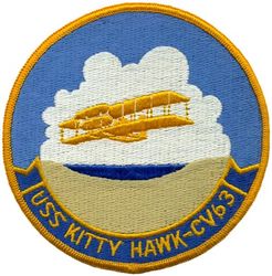 CV-63 USS Kitty Hawk 
Namesake. Kitty Hawk, NC, where the Wright brothers made the first controlled powered airplane flight.
Awarded. 1 Oct 1955
Builder. New York Shipbuilding Corporation, Camden, NJ
Laid down. 27 Dec 1956
Launched. 21 May 1960
Commissioned. 29 Apr 1961
Decommissioned. 12 May 2009
Reclassified. CV-63, 29 Apr 1973
Stricken . 20 Oct 2017
Homeport. Puget Sound, WA
Status. Undergoing scrapping
Class and type. Kitty Hawk-class aircraft carrier
Displacement:
61,351 long tons (62,335 t) standard
81,985 long tons (83,301 t) full load
Length. 1,068.9 ft (325.8 m) LOA
Beam:
282 ft (86 m) extreme
130 ft (40 m) waterline
Draft. 38 ft (12 m)
Propulsion. Westinghouse geared steam turbines, eight Foster Wheeler steam boilers, four shafts; 280,000 shp (210 MW)
Speed. 33 knots (61 km/h; 38 mph)
Complement. 5,624 officers and men
Armament. RIM-7 Sea Sparrow surface-to-air missiles, 2 RIM-116 RAM, 2 Phalanx CIWS Automated Anti-Missile/Aircraft Defenses
Aircraft carried. 85
Typical 2000 air wing (70 aircraft):
40 F/A 18E/F Super hornet fighter-bombers
4 EA-6B Prowler combat EW
4 E-2C Hawkeye AEW
5 SH-60F/HH-60H Sea Hawk helicopters
1 C-2A Greyhound carrier on-board delivery

