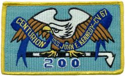 CV-67 USS John F Kennedy 200 Carrier Landings
Namesake. John F Kennedy, (1917-1963), 35th president of the USA
Awarded. 30 Apr 1964
Builder. Newport News Shipbuilding, VA
Laid down. 22 Oct 1964
Launched. 27 May 1967
Christened. 27 May 1967
Commissioned. 7 Sep 1968
Decommissioned. 23 Mar 2007
Stricken. 16 Oct 2009
Fate. Sold to International Shipbreaking Limited on 6 Oct 2021 to be dismantled 
Motto Date Nolite Rogare (Give, do not ask)
Type. variant of the Kitty Hawk class aircraft carrier
Displacement:	
60,728 tons light
82,655 tons full load
21,927 tons deadweight
Length. 1,052 ft (321 m) overall, 990 ft (300 m) waterline
Beam. 252 ft (77 m) extreme, 130 ft (40 m) waterline
Height. 192 ft (59 m) from top of the mast to the waterline
Draft. 36 ft (11 m) maximum, 37 ft (11 m) limit
Installed power. 8 × Babcock & Wilcox boilers, 1,200 PSI 280,000 shp (210 MW)
Propulsion:	
4 × steam turbines
4 shafts
Speed	34 knots (63 km/h; 39 mph)
Capacity. 5,000+
Complement. 3,297 officers and men (without jet commands & crews)
Armament:	
2 × GMLS Mk 29 launchers for Sea Sparrow missiles
2 × Phalanx CIWS
2 × RAM launchers
Aircraft carried. 	80+


