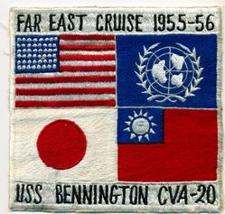 CVA-20 USS Bennington WESTERN PACIFIC CRUISE 1955-1956
Namesake. Battle of Bennington, battle of the Revolutionary War, on 16 Aug 1777, part of the Saratoga campaign, on a farm in Walloomsac, NY, near Bennington, VT
Ordered. 15 Dec 1941
Builder. New York Naval Shipyard, NY
Laid down. 15 Dec 1942
Launched. 28 Feb 1944
Commissioned. 6 Aug 1944
Decommissioned. 8 Nov 1946
Recommissioned. 13 Nov 1952
Decommissioned. 15 Janu 1970
Reclassified:	
CVA-20, 1 Oct 1952
CVS-20, 30 Jun 1959
Stricken. 20 Sep 1989
Fate. Scrapped, 12 Jan 1994
Displacement:
27,100 long tons (27,500 t) (standard)
36,380 long tons (36,960 t) (full load)
Length:	
820 feet (249.9 m) (wl)
872 feet (265.8 m) (o/a)
Beam. 93 ft (28.3 m)
Draft. 34 ft 2 in (10.41 m)
Installed power. 8 × Babcock & Wilcox boilers 150,000 shp (110,000 kW)
Propulsion:	
4 × geared steam turbines
4 × screw propellers
Speed. 33 knots (61 km/h; 38 mph)
Range. 14,100 nmi (26,100 km; 16,200 mi) at 20 knots (37 km/h; 23 mph)
Complement. 2,600 officers and enlisted men
Armament:	
12 × 5 in (127 mm) DP guns
32 × 40 mm (1.6 in) AA guns
46 × 20 mm (0.8 in) AA guns
Armor. Waterline belt: 2.5–4 in, Deck: 1.5 in, Hangar deck: 2.5 in, Bulkheads: 4 in
Aircraft carried. 90

