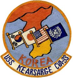CVA-33 USS Kearsarge WESTERN PACIFIC & KOREA CRUISE 1952-1953
Namesake. Mount Kearsarge, a mountain located in Wilmot and Warner, NH, 3rd USN Ship w/ this name.
Builder. New York Naval Shipyard, NY
Laid down. 1 Mar 1944
Launched. 5 May 1945
Commissioned. 2 Mar 1946
Decommissioned. 16 Jun 1950
Recommissioned. 15 Feb 1952
Decommissioned. 13 Feb 1970
Reclassified:	
CVA-33, 15 Feb 1952
CVS-33, 1 Oct 1958
Fate. Scrapped, Feb 1974
Class and type. Essex-class aircraft carrier
Displacement. 27,100 long tons (27,500 t) standard
Length. 888 feet (271 m) overall
Beam. 93 feet (28 m)
Draft. 28 feet 7 inches (8.71 m)
Installed power. 8 × boilers 150,000 shp (110 MW)
Propulsion:
4 × geared steam turbines
4 × shafts
Speed. 33 knots (61 km/h; 38 mph)
Complement. 3448 officers and enlisted
Armament:	
12 × 5 inch (127 mm)/38 caliber guns
32 × Bofors 40 mm guns
46 × Oerlikon 20 mm cannons
Armor: Belt: 4 in, Hangar deck: 2.5 in, Deck: 1.5 in, Conning tower: 1.5 in
Aircraft carried. 90-100 aircraft

