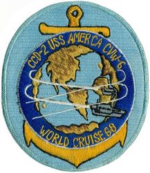 CVA-66 USS America WORLD CRUISE 1968
Namesake. United States of America
Ordered. 25 Nov 1960
Builder. Newport News Shipbuilding, VA
Laid down. 9 Jan 1961
Launched. 1 Feb 1964
Commissioned. 23 Jan 1965
Decommissioned. 9 Aug 1996
Reclassified. CV-66, 30 Jun 1975
Stricken	.  Aug 1996
Homeport. Norfolk, VA
Motto. Don't Tread on Me
Fate. Scuttled after live-fire testing 14 May 2005
Class and type. Kitty Hawk-class aircraft carrier
Displacement. 61,174 long tons (62,156 t) (light), 83,573 long tons (84,914 t) (full load)
Length. 990 ft (300 m) (waterline), 1,048 ft (319 m) overall
Beam. 248 ft (76 m) extreme, 129 ft (39 m) waterline
Draft. 38 ft (12 m) (maximum), 37 ft (11 m) (limit)
Installed power. 280,000 hp (210 MW)
Propulsion:	
4 × steam turbines
8 × boilers
4 × shafts
Speed. 34 kn (39 mph; 63 km/h)
Complement. 502 officers, 4684 men
Sensors and processing systems:	
AN/SPS-49
AN/SPS-48
Electronic warfare & decoys. AN/SLQ-32
Armament:	
Terrier missile (replaced with Sea Sparrow)
Phalanx CIWS
Aircraft carried. 	about 79

