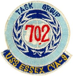 CVA-9 USS Essex TASK FORCE 70.2 WESTERN PACIFIC CRUISE 1954
Namesake. USS Essex (1799), was a 36-gun or 32-gun sailing frigate that participated in the Quasi-War with France, the First Barbary War, and in the War of 1812
Ordered. 3 Jul 1940
Builder. Newport News Shipbuilding, VA
Laid down. 28 Apr 1941
Launched. 31 Jul 1942
Commissioned. 31 Dec 1942
Decommissioned. 9 Jan 1947
Recommissioned. 15 Jan 1951
Decommissioned. 30 Jun 1969
Reclassified:	
CVA-9, Oct 1952
CVS-9, Mar 1960
Stricken	. 1 Jun 1973
Fate. Scrapped, 1973
Class and type. Essex-class aircraft carrier
Displacement:	
27,100 long tons (27,500 t) (standard)
36,380 long tons (36,960 t) (full load)
Length:
820 feet (249.9 m) (wl)
872 feet (265.8 m) (o/a)
Beam. 93 ft (28.3 m)
Draft. 34 ft 2 in (10.41 m)
Installed power. 8 × Babcock & Wilcox boilers 150,000 shp (110,000 kW)
Propulsion:	
4 × geared steam turbines
4 × screw propellers
Speed. 33 knots (61 km/h; 38 mph)
Range. 14,100 nmi (26,100 km; 16,200 mi) at 20 knots (37 km/h; 23 mph)
Complement. 2,600 officers and enlisted men
Armament:	
12 × 5 in (127 mm) DP guns
32 × 40 mm (1.6 in) AA guns
46 × 20 mm (0.8 in) AA guns
Armor. Waterline belt: 2.5–4 in, Deck: 1.5 in, Hangar deck: 2.5 in, Bulkheads: 4 in
Aircraft carried. 90 aircraft

