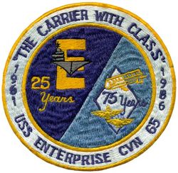 CVN-65 USS Enterprise 25th Anniversary
Namesake. USS Enterprise, previously 6 USN ships with this name
Ordered. 15 Nov 1957
Builder. Newport News Shipbuilding, VA
Cost. $451.3 million
Laid down. 4 Feb 1958
Launched. 24 Sep 1960
Commissioned. 25 Nov 1961
In service. 12 Jan 1962
Reclassified. CVN-65 from CVA(N)-65
Out of service. 1 Dec 2012
Stricken. 3 Feb 2017
Motto. We are Legend; Ready on Arrival; The First, the Finest; Eight Reactors, None Faster
Status. Awaiting recycling at HII Shipyard, Newport News, VA
Class and type. Enterprise-class aircraft carrier
Displacement. 93,284 long tons (94,781 metric tons) Full Load
Length:	
1,123 ft (342 m) (after refit)
1,088 ft (332 m) (original)
Beam:	
132.8 ft (40.5 m) (waterline)
257.2 ft (78.4 m) (extreme)
Draft. 39 ft (12 m)
Propulsion:	
8 × Westinghouse A2W nuclear reactors
4 x Westinghouse geared steam turbines
4 × shafts
280,000 shp (210 MW)
Speed. 33.6 kn (38.7 mph; 62.2 km/h)
Range. Unlimited distance; 20–25 years
Complement. 5,828 (maximum), Ship's company: 3,000 (2,700 Sailors, 150 Chiefs, 150 Officers), Air wing: 1,800 (250 pilots, and 1,550 support personnel)
Sensors and processing systems:
AN/SPS-48 3D air search radar
AN/SPS-49 2D air search radar
MK-23 Target Acquisition System Fire Control Radar
Electronic warfare & decoys:	
AN/SLQ-32 Electronic Warfare Suite
Mark 36 SRBOC
Armament:	
3 × NATO Sea Sparrow launchers
3 × 20 mm Phalanx CIWS mounts
2 RAM launchers
Armor. 8 in (20 cm) aluminum belt (equivalent to 4 in (10 cm) rolled homogeneous steel armor), armored flight deck, hangar, magazines and reactor
Aircraft carried. Hold up to 90, 60+ (normally)
Aviation facilities. Flight deck: 1,123 ft (342 m), Equipped with 4 steam-powered catapults


