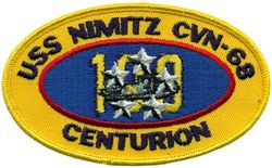 CVN-68 USS Nimitz 100 Carrier Landings
Namesake. Chester W Nimitz, (1885-1966), fleet admiral in the USN, WW-II Commander in Chief, US Pacific Fleet, Commander in Chief, Pacific Ocean Areas during World War II.
Ordered. 31 Mar 1967
Builder. Newport News Shipbuilding, VA
Laid down. 22 Jun 1968
Launched. 13 May 1972
Commissioned. 3 May 1975
Reclassified. CVN-68, 30 Jun 1975
Homeport. NB Kitsap, WA
Motto. Teamwork, a Tradition
Class and type. Nimitz-class aircraft carrier
Displacement. 100,020 long tons (112,020 short tons)
Length:	
Overall: 1,092 feet (332.8 m)
Waterline: 1,040 feet (317.0 m)
Beam:	
Overall: 252 ft (76.8 m)
Waterline: 134 ft (40.8 m)
Draft:	
Maximum navigational: 37 feet (11.3 m)
Limit: 41 feet (12.5 m)
Propulsion:	
2 × Westinghouse A4W nuclear reactors (HEU 93.5%)
4 × steam turbines
4 × shafts
260,000 shp (194 MW)
Speed. 31.5 knots (58.3 km/h; 36.2 mph)
Range. Unlimited distance; 20–25 years
Complement. Ship's company: 3,532, Air wing: 2,480
Sensors and processing systems:
AN/SPS-48E 3-D air search radar
AN/SPS-49(V)5 2-D air search radar
AN/SPQ-9B target acquisition radar
AN/SPN-46 air traffic control radars
AN/SPN-43C air traffic control radar
AN/SPN-41 landing aid radars
4 × Mk 91 NSSM guidance systems
4 × Mk 95 radars
Electronic warfare & decoys:	
AN/SLQ-32A(V)4 Countermeasures suite
SLQ-25A Nixie Torpedo Countermeasures
Armament:	
2 × Sea Sparrow
2 × RIM-116 Rolling Airframe Missile
2 × PHALANX CIWS (Close-In Weapons System) Gatling guns
4 × MK 38 25mm autocannon turrets
10 × .50 cal turret emplacements
Armor. Unknown
Aircraft carried. 90 fixed wing and helicopters

