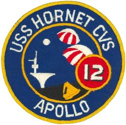 CVS-12 USS Hornet APOLLO 12 Recovery 1969
Namesake. Hornet, are the largest of the eusocial wasps, similar to yellowjackets. Eighth USN ship named Hornet
Ordered. 20 May 1940
Awarded. 9 Sep 1940
Builder. Newport News Shipbuilding, VA
Laid down. 3 Aug 1942
Launched. 30 Aug 1943
Commissioned. 29 Nov 1943
Decommissioned. 15 Jan 1947
Recommissioned. 11 Sep 1953
Decommissioned. 26 Jun 1970
Reclassified:	
CVA-12, 1 Oct 1952
CVS-12, 27 Jun 1958
Stricken. 25 Jul 1989
Status. Museum ship at the USS Hornet Museum in Alameda, Ca
General characteristics (as built)
Class and type. Essex-class aircraft carrier
Displacement:	
27,100 long tons (27,500 t) (standard)
36,380 long tons (36,960 t) (full load)
Length:	
820 feet (249.9 m) (wl)
872 feet (265.8 m) (o/a)
Beam. 93 ft (28.3 m)
Draft. 34 ft 2 in (10.41 m)
Installed power. 8 × Babcock & Wilcox boilers 150,000 shp (110,000 kW)
Propulsion:	
4 × geared steam turbines
4 × screw propellers
Speed. 33 knots (61 km/h; 38 mph)
Range. 14,100 nmi (26,100 km; 16,200 mi) at 20 knots (37 km/h; 23 mph)
Complement. 2,600 officers and enlisted men
Armament:	
12 × 5 in (127 mm) DP guns
32 × 40 mm (1.6 in) AA guns
46 × 20 mm (0.8 in) AA guns
Armor:
Waterline belt: 2.5–4 in (64–102 mm)
Deck: 1.5 in (38 mm)
Hangar deck: 2.5 in (64 mm)
Bulkheads: 4 in (102 mm)
Aircraft carried:	90

