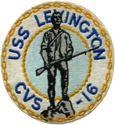 CVS-16 USS Lexington
Namesake. Battle of Lexington, Battle of the American Revolutionary War on 18 Apr 1775 that marked the outbreak of armed conflict between Great Britain and Patriot militias from America's thirteen colonies
Ordered. 9 Sep 1940
Builder. Fore River Shipyard, MA
Laid down. 15 Jul 1941
Launched. 23 Sep 1942
Commissioned. 17 Feb 1943
Decommissioned. 23 Apr 1947
Recommissioned. 15 Aug 1955
Decommissioned. 8 Nov 1991
Reclassified:	
CVA-16, 1 Oct 1952
CVS-16, 1 Oct 1962
CVT-16, 1 Jan 1969
AVT-16, 1 Jul 1978
Stricken. 8 Nov 1991
Status. Museum Ship, Corpus Christi, TX
Class and type. Essex-class aircraft carrier
Displacement:	
27,100 long tons (27,500 t) (standard)
36,380 long tons (36,960 t) (full load)
Length:	
820 feet (249.9 m) (wl)
872 feet (265.8 m) (o/a)
Beam. 93 ft (28.3 m)
Draft. 34 ft 2 in (10.41 m)
Installed power. 8 × Babcock & Wilcox boilers 150,000 shp (110,000 kW)
Propulsion:	
4 × geared steam turbines
4 × screw propellers
Speed. 33 knots (61 km/h; 38 mph)
Range. 14,100 nmi (26,100 km; 16,200 mi) at 20 knots (37 km/h; 23 mph)
Complement. 2,600 officers and enlisted men
Armament:	
12 × 5 in (127 mm) DP guns
32 × 40 mm (1.6 in) AA guns
46 × 20 mm (0.8 in) AA guns
Armor:	
Waterline belt: 2.5–4 in (64–102 mm)
Deck: 1.5 in (38 mm)
Hangar deck: 2.5 in (64 mm)
Bulkheads: 4 in (102 mm)
Aircraft carried. 90


