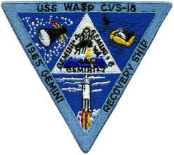 CVS-18 USS Wasp Gemini Space Program Recovery Ship 1965
Namesake. Wasp, an insect of the narrow-waisted suborder Apocrita of the order Hymenoptera
Builder. Fore River Shipyard, Quincy, MA
Laid down. 18 Mar 1942
Launched. 17 Aug 1943
Commissioned. 24 Nov 1943
Decommissioned. 17 Feb 1947
Recommissioned. 28 Sep 1951
Decommissioned. 1 Jul 1972
Reclassified:	
CVA-18, 1 Oct 1952
CVS-18, 1 Nov 1956
Stricken. 1 Jul 1972
Fate. Scrapped, 1973
Class and type. Essex-class aircraft carrier
Displacement:	
27,100 long tons (27,500 t) (standard)
36,380 long tons (36,960 t) (full load)
Length:	
820 feet (249.9 m) (wl)
872 feet (265.8 m) (o/a)
Beam. 93 ft (28.3 m)
Draft. 34 ft 2 in (10.41 m)
Installed power:
8 × Babcock & Wilcox boilers
150,000 shp (110,000 kW)
Propulsion:	
4 × geared steam turbines
4 × screw propellers
Speed. 33 knots (61 km/h; 38 mph)
Range. 14,100 nmi (26,100 km; 16,200 mi) at 20 knots (37 km/h; 23 mph)
Complement. 2,600 officers and enlisted men
Armament:	
12 × 5 in (127 mm) DP guns
32 × 40 mm (1.6 in) AA guns
46 × 20 mm (0.8 in) AA guns
Armor:	
Waterline belt. 2.5–4 in (64–102 mm)
Deck.  1.5 in (38 mm)
Hangar deck. 2.5 in (64 mm)
Bulkheads. 4 in (102 mm)
Aircraft carried:	90 Aircraft

