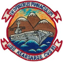 CVS-33 USS Kearsarge
Namesake. Mount Kearsarge, a mountain located in Wilmot and Warner, NH, 3rd USN Ship w/ this name.
Builder. New York Naval Shipyard, NY
Laid down. 1 Mar 1944
Launched. 5 May 1945
Commissioned. 2 Mar 1946
Decommissioned. 16 Jun 1950
Recommissioned. 15 Feb 1952
Decommissioned. 13 Feb 1970
Reclassified:	
CVA-33, 15 Feb 1952
CVS-33, 1 Oct 1958
Fate. Scrapped, Feb 1974
Class and type. Essex-class aircraft carrier
Displacement. 27,100 long tons (27,500 t) standard
Length. 888 feet (271 m) overall
Beam. 93 feet (28 m)
Draft. 28 feet 7 inches (8.71 m)
Installed power. 8 × boilers 150,000 shp (110 MW)
Propulsion:
4 × geared steam turbines
4 × shafts
Speed. 33 knots (61 km/h; 38 mph)
Complement. 3448 officers and enlisted
Armament:	
12 × 5 inch (127 mm)/38 caliber guns
32 × Bofors 40 mm guns
46 × Oerlikon 20 mm cannons
Armor: Belt: 4 in, Hangar deck: 2.5 in, Deck: 1.5 in, Conning tower: 1.5 in
Aircraft carried. 90-100 aircraft

