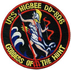 DD-806 USS Higbee 
Name. USS Higbee (DD-806)
Namesake. Chief Nurse Lenah S. Higbee (1874–1941)
Builder. Bath Iron Works, Bath, Maine, U.S.
Laid down. 26 Jun 1944
Launched. 13 Nov 1944
Commissioned. 27 Jan 1945
Decommissioned. 15 Jul 1979
Reclassified: DDR-806, 18 Mar 1949; DD-806, 1 Jun 1963
Stricken. 15 Jul 1979
Nickname. Leaping Lenah
Honors and awards:	
1 battle star (World War II)
7 battle stars (Korea)
Fate. Sunk as a target, 24 Apr 1986
Class and type. Gearing-class destroyer
Displacement. 2,425 long tons (2,464 t)
Length. 390 ft 6 in (119.02 m)
Beam. 40 ft 10 in (12.45 m)
Draft. 14 ft 4 in (4.37 m)
Propulsion. Geared turbines, 2 shafts, 60,000 shp (45 MW)
Speed. 35 knots (65 km/h; 40 mph)
Range. 4,500 nmi (8,300 km) at 20 kn (37 km/h; 23 mph)
Complement. 336
Armament:	
6 × 5"/38 caliber guns
12 × 40 mm AA guns
11 × 20 mm AA guns
10 × 21-inch (533 mm) torpedo tubes
6 × depth charge projectors
2 × depth charge tracks
1 x RUR-5 ASROC Anti Submarine Rocket

