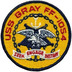 FF-1054 USS Gray
Namesake. Sgt Ross Franklin Gray (1920-1945) a Marine who posthumously received the Medal of Honor for actiond at the Battle of Iwo Jima
Builder. Todd Pacific Shipyards, Seattle, WA
Ordered. 22 July 1964
Laid down. 19 Nov 1966
Launched. 3 Nov 1967
Acquired. 27 Mar 1970
Commissioned. 4 Apr 1970
Decommissioned. 29 Jun 1991
Reclassified. Reclassified as a Frigate 30 Jun 1975
Stricken	. 11 Jan 1995
Motto. Seek Engage Destroy
Fate. Scrapped 21 Jul 2001
Class and type. Knox-class frigate
Displacement. 3,202 tons (4,165 full load)
Length. 438 ft (134 m)
Beam. 46.9 ft (14.3 m)
Draft. 24.9 ft (7.6 m)
Propulsion:	
2 × CE 1200psi boilers
1 Westinghouse geared turbine
1 shaft, 35,000 shp (26 MW)
Speed. over 27 knots (31 mph; 50 km/h)
Range. 4,500 nautical miles (8,330 km) @ 20 knots (23 mph; 37 km/h)
Complement. 18 officers, 267 enlisted
Sensors and processing systems:
AN/SPS-40 Air Search Radar
AN/SPS-67 Surface Search Radar
AN/SQS-26 Sonar
AN/SQR-18 Towed array sonar system
Mk68 Gun Fire Control System
Electronic warfare & decoys. AN/SLQ-32 Electronics Warfare System
Armament:	
one Mk-16 8 cell missile launcher for RUR-5 ASROC and Harpoon missiles
one Mk-42 5-inch/54 caliber gun
Mark 46 torpedoes from four single tube launchers)
one Mk-25 BPDMS launcher for Sea Sparrow missiles
Aircraft carried	one SH-2 Seasprite (LAMPS I) helicopter

