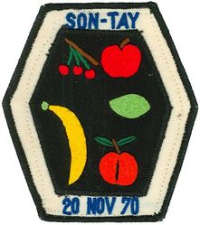 Operation KINGPIN Son Tay Raider, Air Element 1970 Gaggle 
On 21 Nov 1970, a joint United States Air Force and United States Army force landed 56 U.S. Army Special Forces soldiers by helicopter at the Sơn Tây prisoner-of-war camp, which was located 23 miles (37 km) west of Hanoi, North Vietnam. The objective of the operation was the recovery of 61 American prisoners of war thought to be held at the camp. It was found during the raid that the camp contained no prisoners as they had previously been moved to another camp. 57 USAF aircraft participated, with one F-105G being lost.

Represents the call signs of mission aircraft used in direct support of the Son Tay Raid: Cherry 1-2, C-130 Hercules; Apple 1-5, HH-53 Super Jolly Green Giant; Lime 1, HC-130P King; Banana, HH-3 Jolly Green Giant (with Blue Boy assault team aboard); & Peach 1-5, A-1 Skyraider. Thai made.

