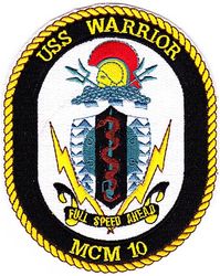 MCM-10 USS Warrior 
Builder. Peterson Builders, Sturgeon Bay, WI.
Laid down. 15 Sep 1989
Launched. 8 Dec 1990
Acquired. 30 Dec 1992
Commissioned. 3 Apr 1993
Motto. Full Speed Ahead
Status. in active service
Class and type. Avenger-class mine countermeasures ship
Displacement:	
1,253 tons (light)
1,367 tons (full)
Length. 224 ft (68 m)
Beam. 39 ft (12 m)
Draft. 15 ft (4.6 m)
Propulsion:	
4 × Isotta Fraschini diesel engines (600 BHP each)
2 × controllable reversible pitch propellers,
2 × rudders,
2 × electric light load propulsion motors
Speed. 13.5 knots (25.0 km/h; 15.5 mph)
Complement. 6 officers, 75 enlisted
Armament:	
2 × M2HB .50 caliber machine guns
2 × M60 machine guns
2 × Mk 19 grenade launchers

