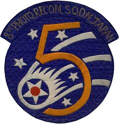 8th Photographic Reconnaissance Squadron 5th Air Force 
Constituted 8th Photographic Squadron on 19 Jan 1942. Activated on 1 Feb 1942. Redesignated: 8th Photographic Reconnaissance Squadron on 9 Jun 1942; 8th Photographic Squadron (Light) on 6 Feb 1943; 8th Photographic Reconnaissance Squadron on 13 Nov 1943; 8th Tactical Reconnaissance Squadron (Night Photographic) on 10 Aug 1948; 8th Tactical Reconnaissance Squadron (Photographic) on 1 Aug 1949. Inactivated on 25 Feb 1951.

Japanese made silk embroidered, c. 1945-1948 

Stations. Chofu, Japan, 28 Sep 1945; Irumagawa, Japan, 25 Jan 1946; Yokota, Japan, 25 Mar 1949 (detachment operated from Itazuke, Japan, from 29 Jun 1950); Itazuke, Japan, 9 Jul 1950; Taegu, Korea, 2 Oct 1950; Komaki, Japan (operated from Taegu, Korea), 26 Jan25 Feb 1951.

