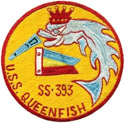 SS-393 USS Queenfish
Namesake: Queenfish, a small food fish found off the Pacific coast of North America.
Builder. Portsmouth Naval Shipyard, Kittery, Maine
Laid down. 27 Jul 1943
Launched. 30 Nov 1943
Commissioned. 11 Mar 1944
Decommissioned. 1 Mar 1963
Stricken. 1 Mar 1963
Fate. Sunk as a target, 14 Aug 1963
Class & type. Balao-class diesel-electric submarine
Displacement.	
1,526 long tons (1,550 t) surfaced
2,391 long tons (2,429 t) submerged
Length. 311 ft 6 in (94.95 m)
Beam. 27 ft 3 in (8.31 m)
Draft. 16 ft 10 in (5.13 m) maximum
Propulsion.	
4 × Fairbanks-Morse Model 38D8-⅛ 10-cylinder opposed piston diesel engines driving electrical generators
2 × 126-cell Sargo batteries
4 × high-speed Elliott electric motors with reduction gears
two propellers
5,400 shp (4.0 MW) surfaced
2,740 shp (2.0 MW) submerged
Speed.	
20.25 knots (37.50 km/h; 23.30 mph) surfaced
8.75 knots (16.21 km/h; 10.07 mph) submerged
Range. 11,000 nmi (20,000 km; 13,000 mi) surfaced at 10 knots (19 km/h; 12 mph)
Endurance.	
48 hours at 2 knots (3.7 km/h; 2.3 mph) submerged
75 days on patrol
Test depth. 400 ft (120 m)
Complement. 10 officers, 70–71 enlisted
Armament:	
10 × 21-inch (533 mm) torpedo tubes
6 forward, 4 aft
24 torpedoes
1 × 5-inch (127 mm) / 25 caliber deck gun
Bofors 40 mm and Oerlikon 20 mm cannon

