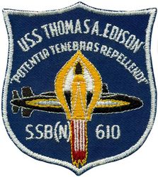 SSBN-610 Thomas A Edison 
Namesake. Thomas Edison, American inventor and businessman (1847–1931)
Ordered. 1 Jul 1959
Builder. Electric Boat Division of the General Dynamics Corporation
Laid down. 15 Mar 1960
Launched. 15 Jun 1961
Commissioned. 10 Mar 1962
Decommissioned. 1 Dec 1983
Stricken. 30 Apr 1986
Motto. Potentia Tenebras Repellendi (Power to Repel the Darkness)
Fate. Recycling via Ship and Submarine Recycling Program completed 1 Dec 1997
Class and type. Ethan Allen-class submarine
Type. Ballistic Missile Submarine
Displacement. 6,900 tons surfaced 7,900 tons submerged
Length. 410 feet 4 inches (125.07 m)
Beam. 33.1 feet (10.1 m)
Draft. 27 feet 5 inches (8.36 m)
Propulsion. S5W reactor – two geared steam turbines – one shaft
Speed. 16 knots (30 km/h; 18 mph) surfaced, 21 knots (39 km/h; 24 mph) submerged
Test depth. 1,300 feet (400 m)
Complement. 12 Officers and 128 Enlisted (two crews Blue and Gold)
Armament. 16 fleet ballistic missiles, 4 × 21 inch (533 mm) torpedo tubes

