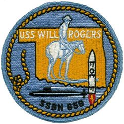 SSBN-659 USS Will Rogers
Namesake. Will Rogers (1879–1935), an American humorist
Awarded. 29 Jul 1963
Builder. General Dynamics Electric Boat, Groton, Connecticut
Laid down. 20 Mar 1965
Launched. 21 Jul 1966
Commissioned. 1 Apr 1967
Decommissioned. 12 Apr 1993
Stricken . 12 Apr 1993
Fate. Scrapping via Ship and Submarine Recycling Program begun 2 Nov 1993, completed 12 Aug 1994
Class and type. Benjamin Franklin-class nuclear-powered fleet ballistic missile submarine
Displacement:
7,320 tons surfaced
8,220 tons submerged
Length. 425 ft (130 m)
Beam. 33 ft (10 m)
Draft. 31 ft 4 in (9.55 m)
Installed power. 15,000 shp (11,185 kW)
Propulsion. One S5W pressurized-water nuclear reactor, later replaced by one S3G reactor; two geared steam turbines; one shaft
Speed:
16 knots (30 km/h; 18 mph) surfaced
Over 20 knots (37 km/h; 23 mph) submerged
Test depth. greater than 400 ft (120 m) (classified)
Complement. Two crews (Blue Crew and Gold crew) of 140 each
Armament:
16 × ballistic missile tubes, each with one Polaris, later Poseidon
4 × 21 in (530 mm) torpedo tubes

