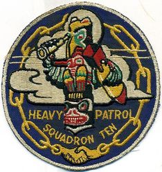 Heavy Patrol Squadron (Landplane) 10 (VP-HL-10) 
Established as Patrol Squadron EIGHT-S (VP-8S) from elements of VT-9S on 1 Jul 1929. Redesignated Patrol Squadron EIGHT-F (VP-8F) on 3 Apr 1933. Redesignated Patrol Squadron EIGHT (VP-8) on 1 Oct 1937. Redesignated Patrol Squadron TWENTY FOUR (VP-24) on 1 Jul 1939. Redesignated Patrol Squadron TWELVE (VP-12) on 1 Aug 1941. Redesignated Patrol Bombing Squadron ONE HUNDRED TWENTY (VPB-120) on 1 Oct 1944. Redesignated Patrol Squadron ONE HUNDRED TWENTY (VP-120) on 15 May 1946. Redesignated Heavy Patrol Squadron (Landplane) TEN (VP-HL-10) on 15 Nov 1946. Redesignated Patrol Squadron TWENTY (VP-20) on 1 Sep 1948, the third squadron to be assigned the VP-20 designation. Disestablished on 31 Mar 1949.

Consolidated PB4Y-2 Privateer

Insignia was approved by CNO on 19 Mar 1947.

