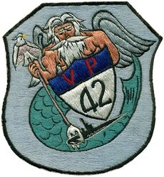 Patrol Squadron 42 (VP-42)
Established as Patrol Squadron TWENTY TWO (VP-22) on 7 Apr 1944. Redesignated Patrol Bombing Squadron TWENTY TWO (VPB-22) on 1 Oct 1944; Patrol Squadron TWENTY TWO (VP-22) on 15 May 1946; Medium Patrol Squadron (Seaplane) TWO (VP-MS-2) on 15 Nov 1946; Patrol Squadron FORTY TWO (VP-42) on 1 Sep 1948, the second squadron to be assigned the VP-42 designation. Disestablished on 26 Sep 1969.

Martin PBM-3D Mariner, 1944-1953
Martin P5M Marlin, 1953-1963
Lockheed SP-2E Neptune, 1963-1964
Lockheed SP-2H Neptune, 1964-1969

Insignia (1st) “Winged Poseidon” approved by CNO on 2 Sep 1947.

