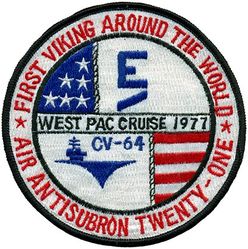 Air Anti-Submarine Squadron 21 (VS-21) WESTERN PACIFIC CRUISE 1977
Established as Torpedo Squadron FORTY ONE (VT-41) on 26 Mar 1945. Redesignated Attack Squadron ONE E (VA-1E) on 15 Nov 1946. Attack Squadron ONE E (VA-1E) and Fighter Squadron ONE E (VF-1E) were merged into Composite Squadron TWO ONE (VC-21) on 1 Sep 1948. Redesignated Air Anti-Submarine Squadron TWO ONE (AIRASRON 21 or VS-21) on 23 Apr 1950; Sea Control Squadron TWO ONE (VS-21) on 1 Oct 1993. Disestablished on 28 Feb 2005.

Lockheed S-3A/B Viking, 1974-2005

