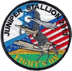 122d Fighter Squadron Exercise JUNIPER STALLION 2013
Juniper Stallion 2013 was at Nevatim Air Base, Israel. Patch was given out to participants by the IAF. Israeli made.
