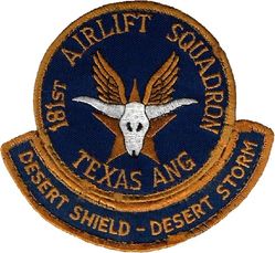 181st Airlift Squadron Operation DESERT SHIELD and DESERT STORM 1990-1991
Separate tab added after the 181 TAS became the 181 AS shortly after the Gulf War, sewn to Velcro as worn.
